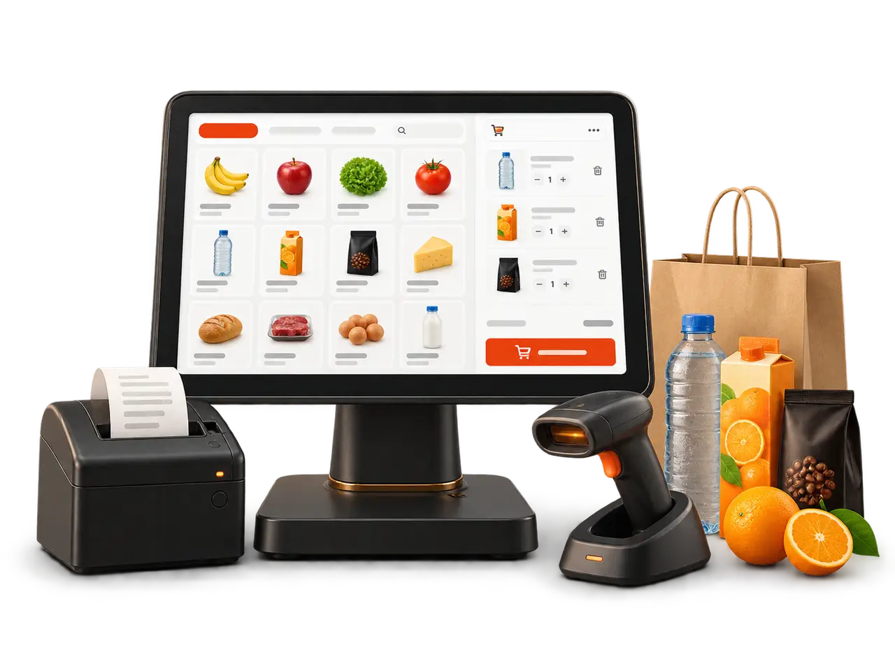 Illustrated retail checkout with touchscreen register, barcode scanner and receipt printer.